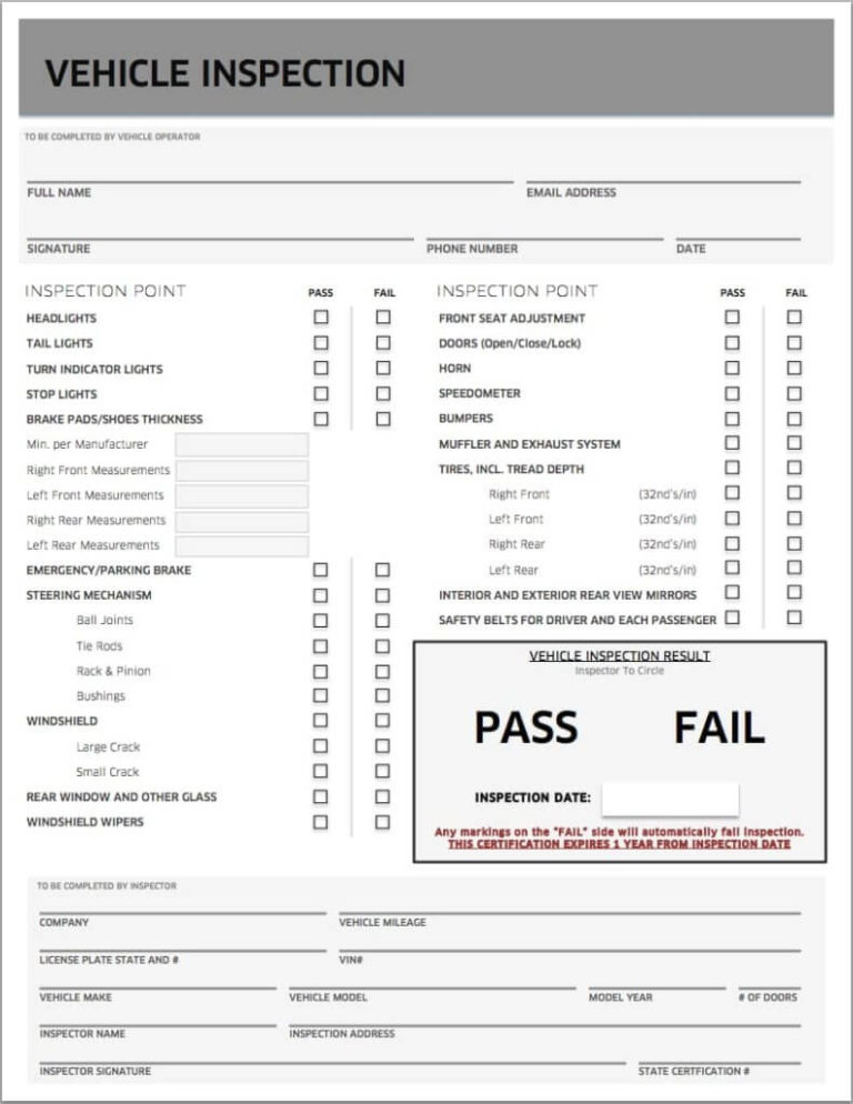 Sample Uber Inspection Form 791x1024 A Y Royal Insurance